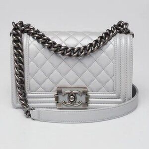 Chanel Silver Quilted Lambskin Leather Small Boy Bag